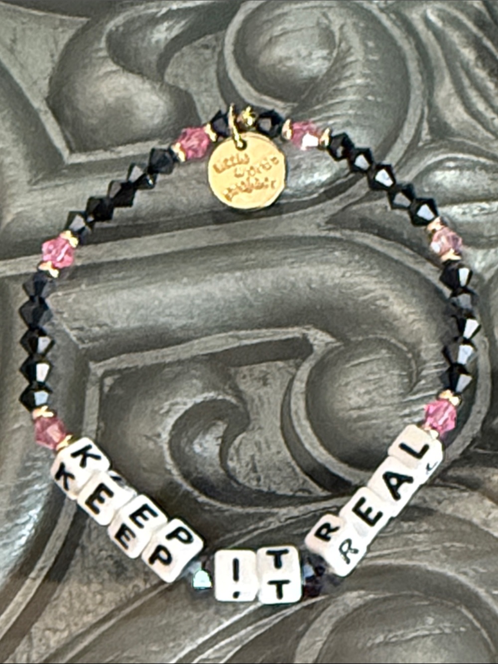Little Words Project Keep It Real Beaded Stretch Bracelet Pink & Black Crystals - Picture 7 of 8